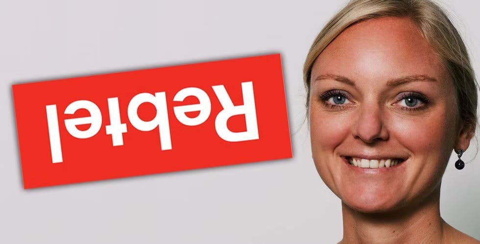 A headshot of Cecilia Englén, who is a blonde woman with a ponytail. Next to her is the Rebtel logo in white text over red background.