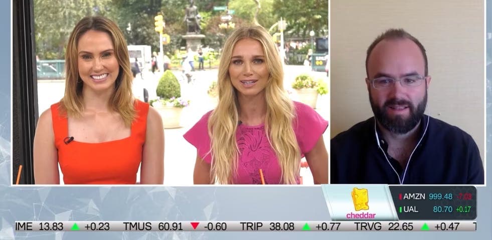 Screenshot of a video call on TV with Rebtel's CEO Magnus Larsson speaking with two hosts.