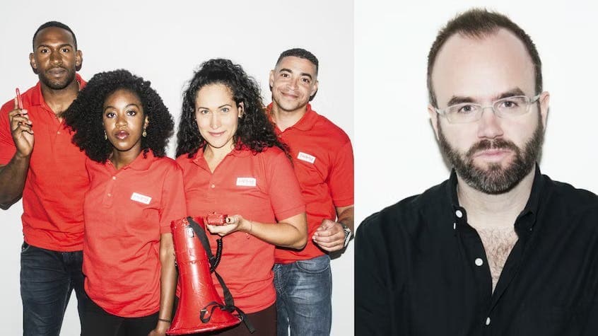 2 images side by side. On the left, 4 people wearing red Rebtel-branded polos and standing together with a red megaphone in hand. On the right, a headshot of Magnus Larsson, a white man with a beard wearing glasses and a black button-up shirt.