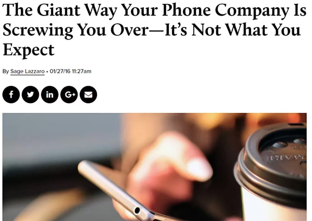A screenshot of an article on observer.com titled "The Giant Way Your Phone Company Is Screwing You Over — It’s Not What You Expect".