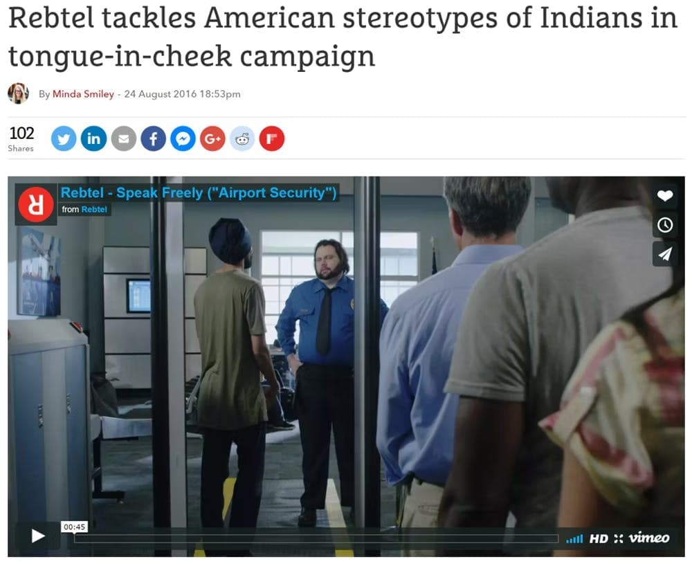 Screenshot of a news article on the website thedrum.com titled "Rebtel tackles American stereotypes of Indians in tongue-in-cheek campaign".