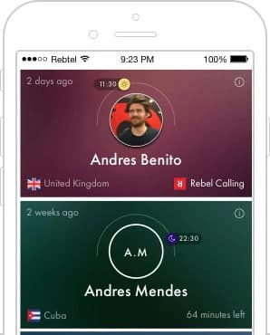 The Rebtel app call list on a phone