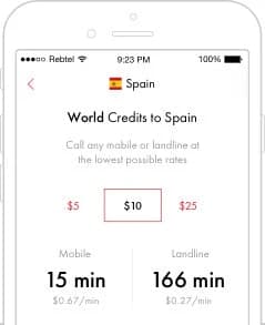 Rebtel rates shown in the app